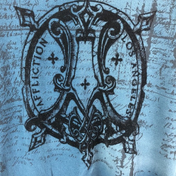Affliction Shirt Thermal Long Sleeve Blue Wings Distressed Flocked Mens Size XL - Picture 4 of 11